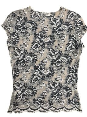 CASADEI  Sheer Floral Leavers Lace Scalloped Hem Top black/white Size Large